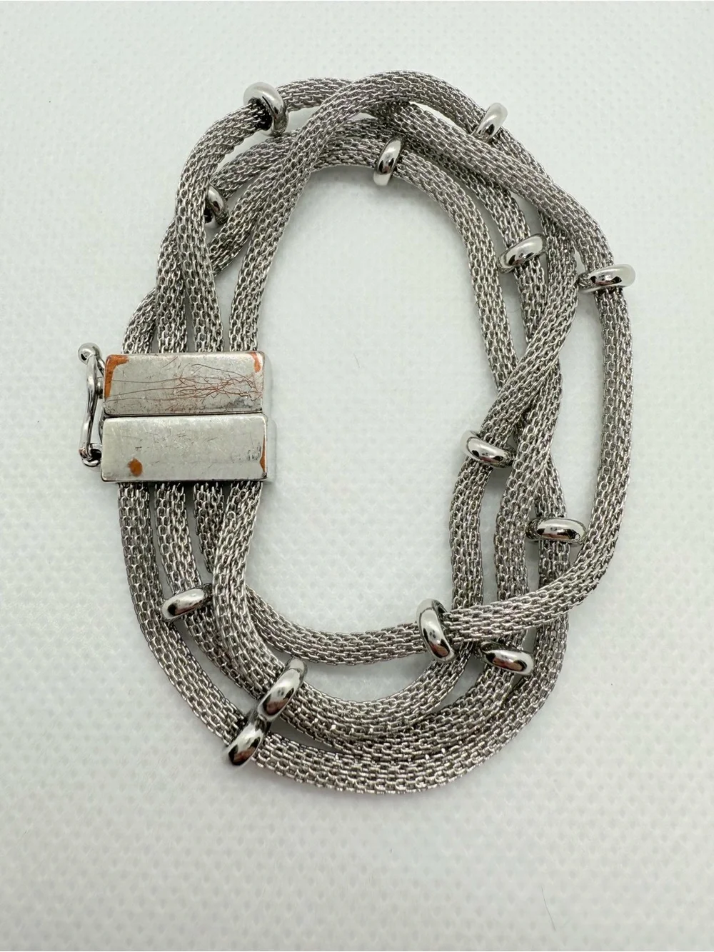 Anne Klein Silver Layered Mesh Bracelet with Polished Rings